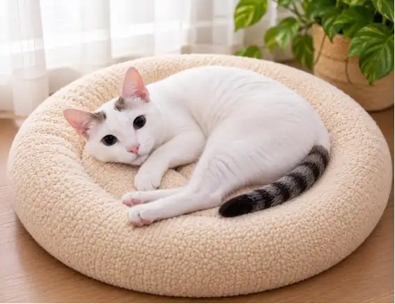 Tara, a white cat with dark forehead markings and a ringed tail, resting on a cream-coloured plush cat bed.