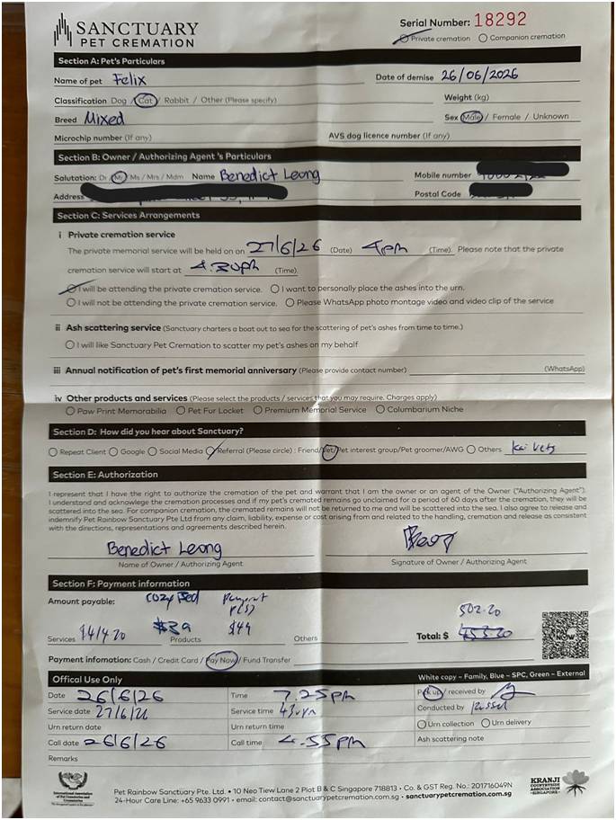 Veterinary invoice for the emergency attempt to resuscitate Felix
