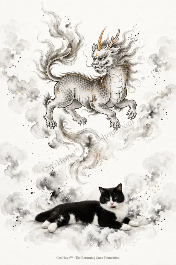 Chester, a black-and-white tuxedo cat with his tongue slightly sticking out, resting beneath a powerful horned celestial Bixie.