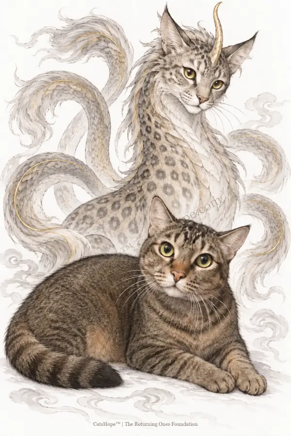 Cougar reclines before a towering, horned celestial Zheng with five flowing tails, illustrated in ink with soft brown-grey shading and gold accents.
