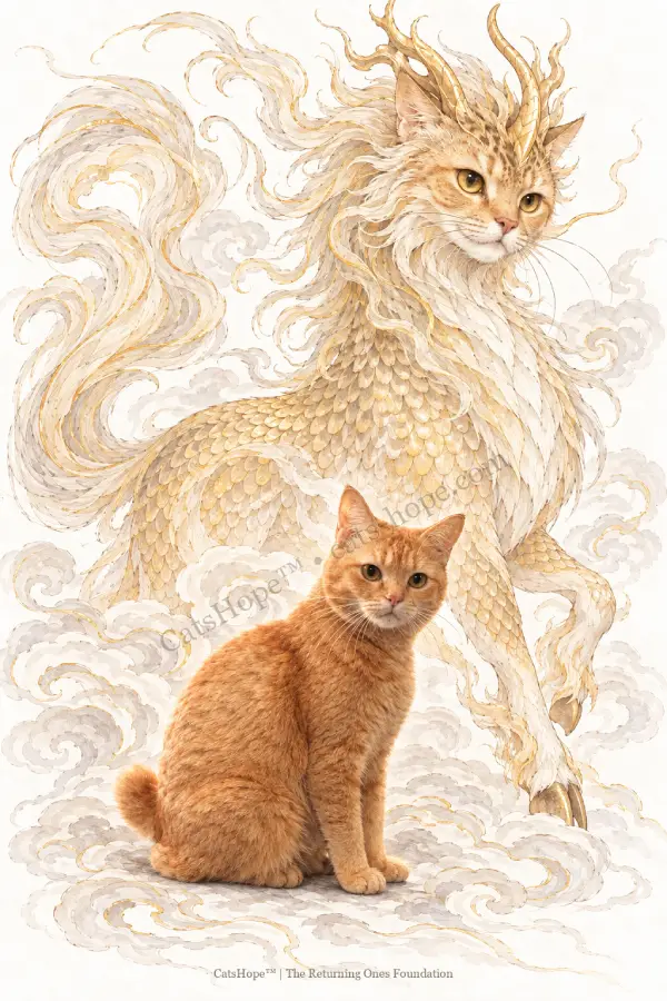 Kimi, a ginger cat with a short pom-pom tail, seated before her luminous Golden Qilin counterpart.