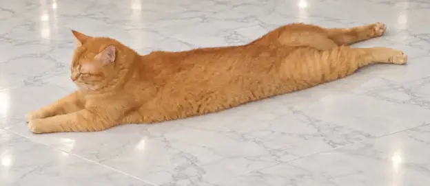 Kimi, a ginger cat, lying stretched out on a pale marble floor.
