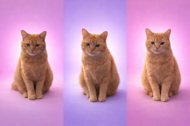 Three portraits of Kimi, a ginger cat, against pink and lavender backgrounds.