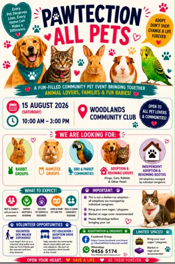 Event flyer for Pawtection Day at Woodlands Community Club on 15 August 2026.