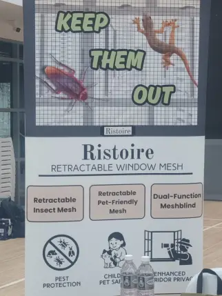 Ristoire display promoting retractable window mesh for pet-friendly homes.