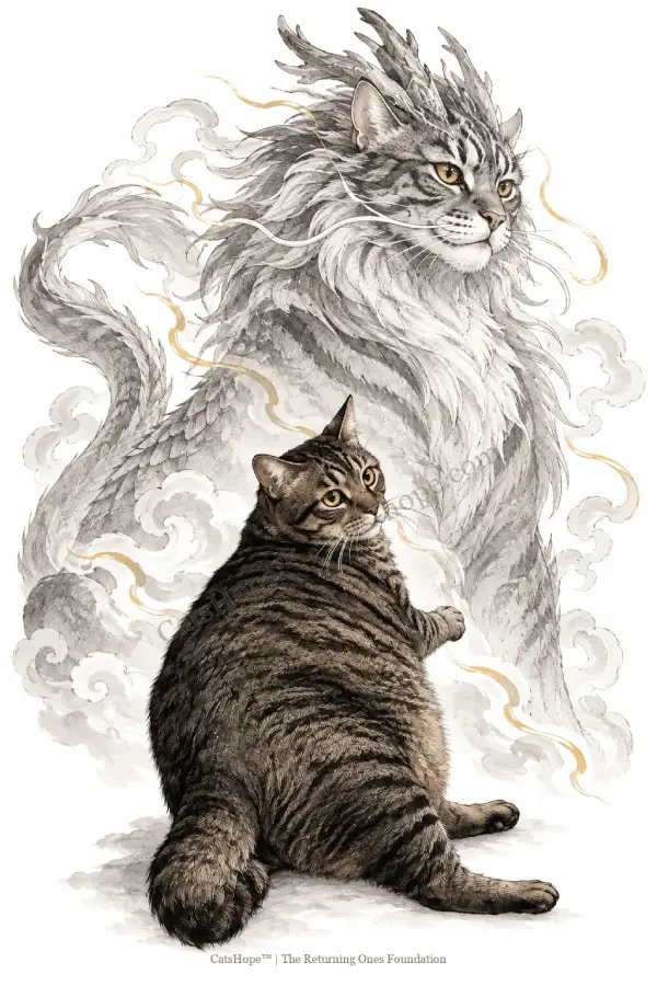 Wide-eyed tabby Rockie sits before a towering feline Zouyu in an ink-style illustration with subtle gold accents.