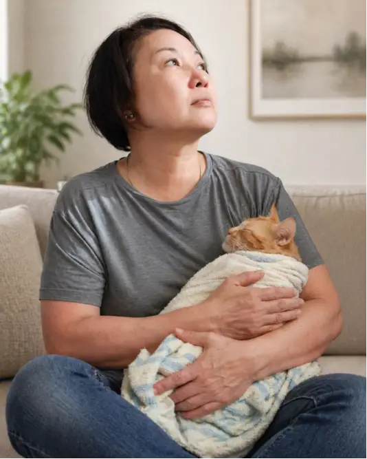 A ginger cat wrapped in a towel and held close by a caregiver.