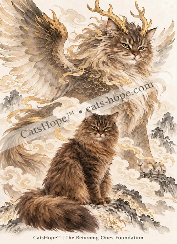 Goldie, a long-haired brown tabby with green eyes, sits before her winged celestial Tianlu counterpart amid pale clouds and gold accents.