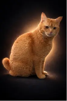 Kimi, a ginger cat with a short pom-pom tail, sitting against a dark background.