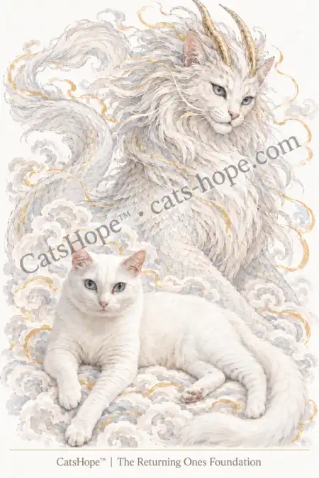 Angel and her white celestial Bai Ze counterpart in the CatsHope™ Celestial Cat-Dragons illustration.