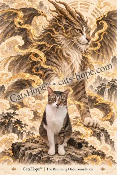 Buddy sitting beneath a horned, dragon-faced Bixie with two wings, surrounded by gold clouds and a Bagua-inspired backdrop.