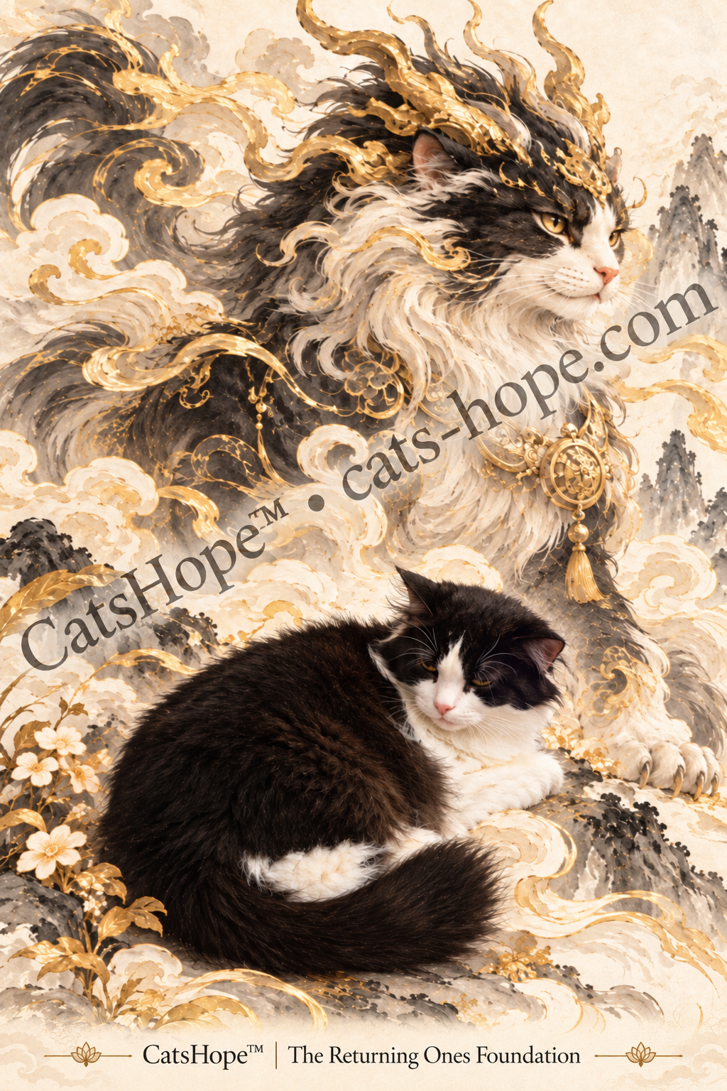 Hershe, a long-haired black-and-white tuxedo cat, resting beneath his black, white and gold celestial Pixiu counterpart among swirling clouds and blossoms.