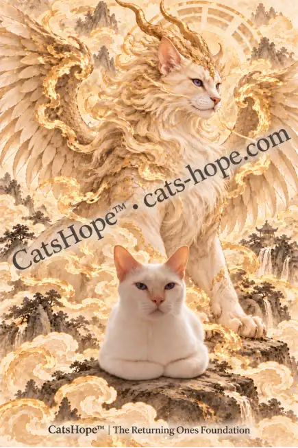 Mimi resting in front of an ivory-and-gold horned guardian with two wings, surrounded by golden clouds.