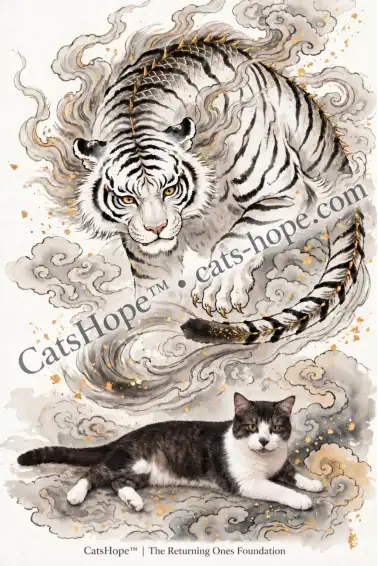 Illustration of Scottie resting beneath a white, black-striped celestial beast with a long curling tail, surrounded by grey clouds and gold accents.