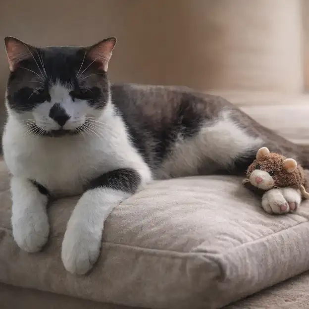 Scottie, a smoky grey-and-white cat, rests on a beige cushion beside a small plush cat toy.
