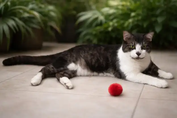 Scottie lies on a tiled floor beside a red fluffy ball, with his long tail extended and plants behind him.
