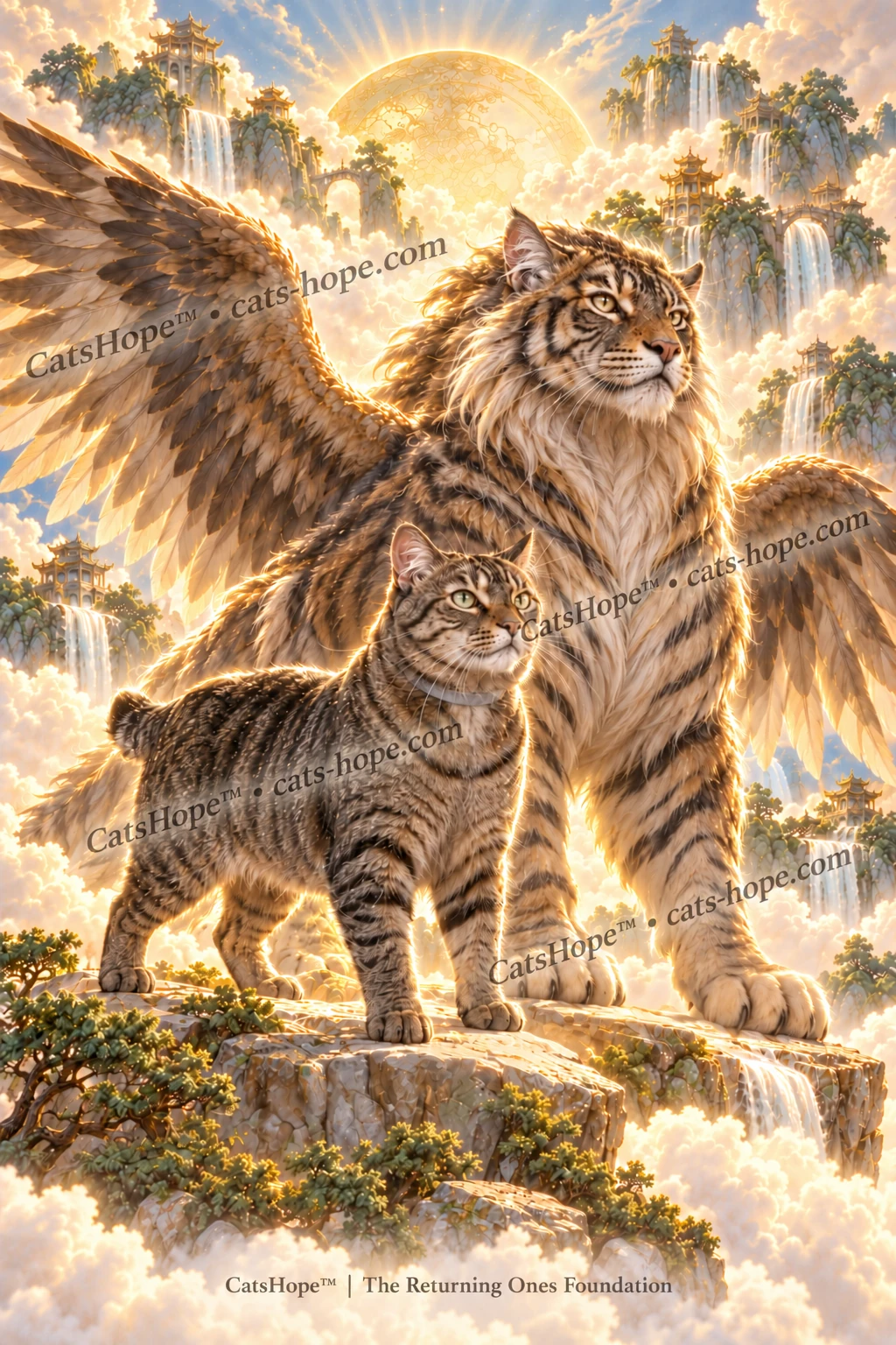 Simba, a muscular brown tabby with a short bobtail, stands beside his winged tiger-like celestial Qiongqi among golden clouds, mountains and waterfalls.