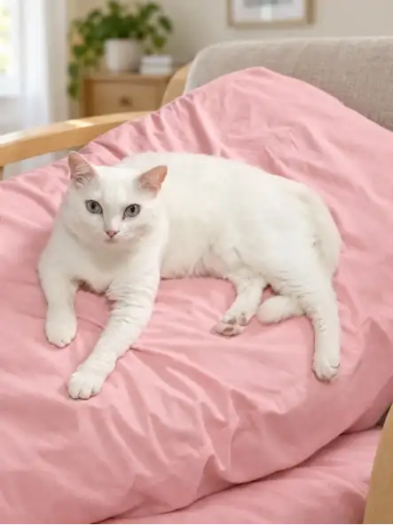 Angel resting on a pink cushion, facing the camera with her paws extended.