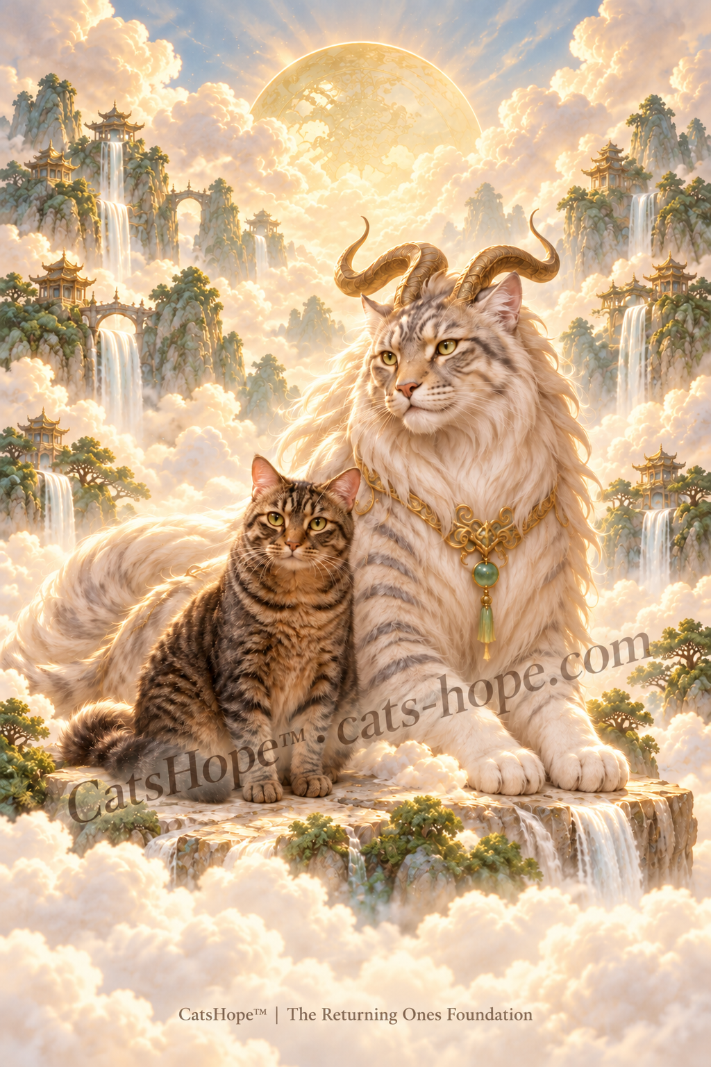 Illustration of Tami, Mrs. Tamara Tigerlily Griffendor, beside her celestial Bai Ze among golden clouds, green mountains, waterfalls and pagodas.