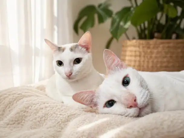 Tara and Mimi resting together, Tara on the left and Mimi on the right.