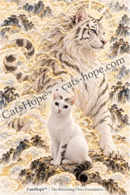 Tara, a white cat with blue eyes and a ringed tail, pictured with her majestic celestial Baihu guardian.