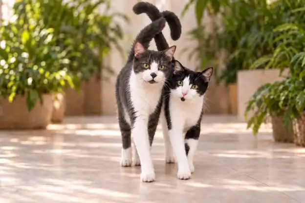 Taller smoky grey-and-white Scottie walks beside smaller black-and-white Romeo on a tiled floor, their raised tails intertwined.