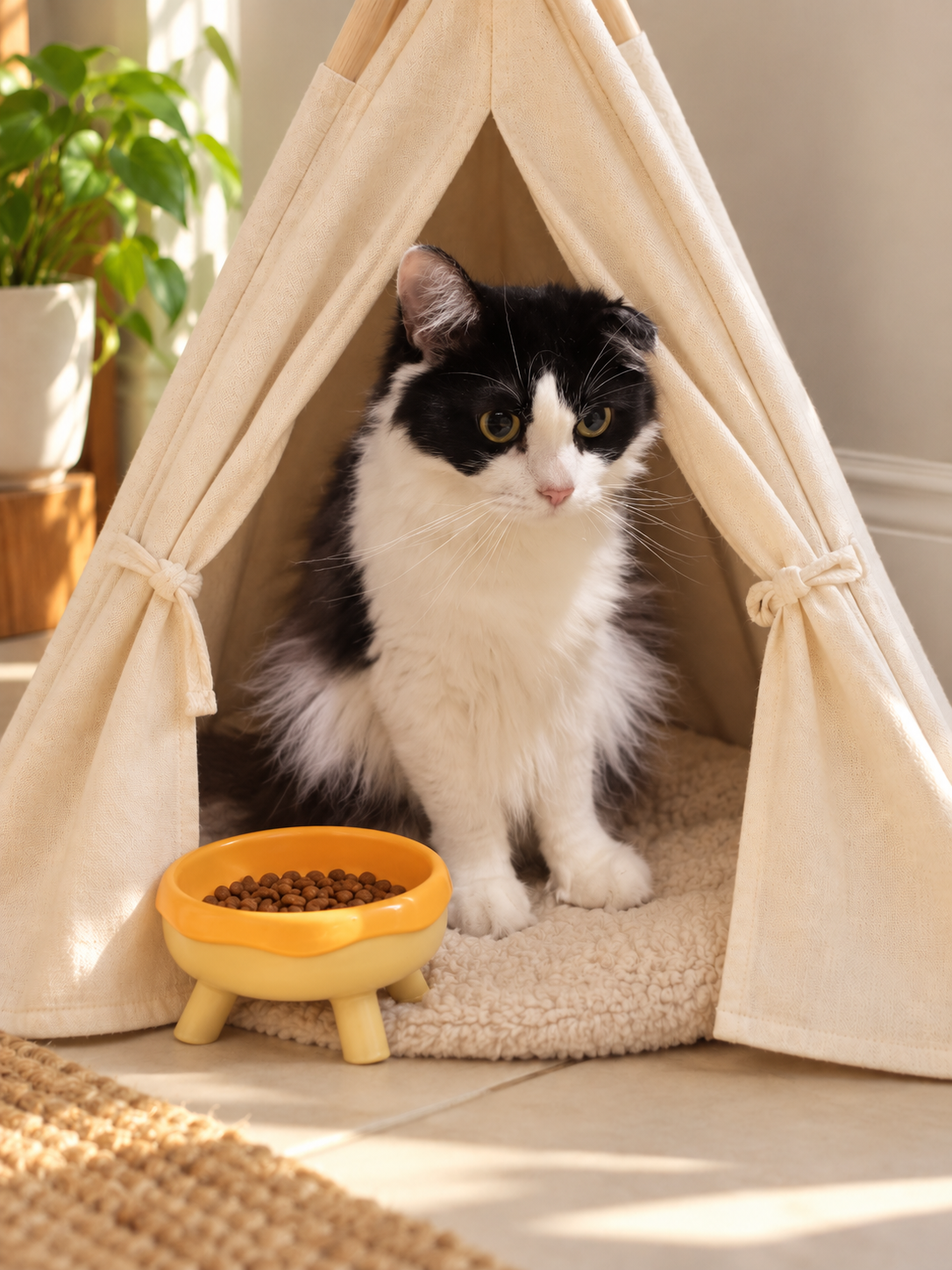 Illustration of Hershe, a black-and-white cat with a flopped left ear, sitting inside a cream teepee beside a yellow food bowl.