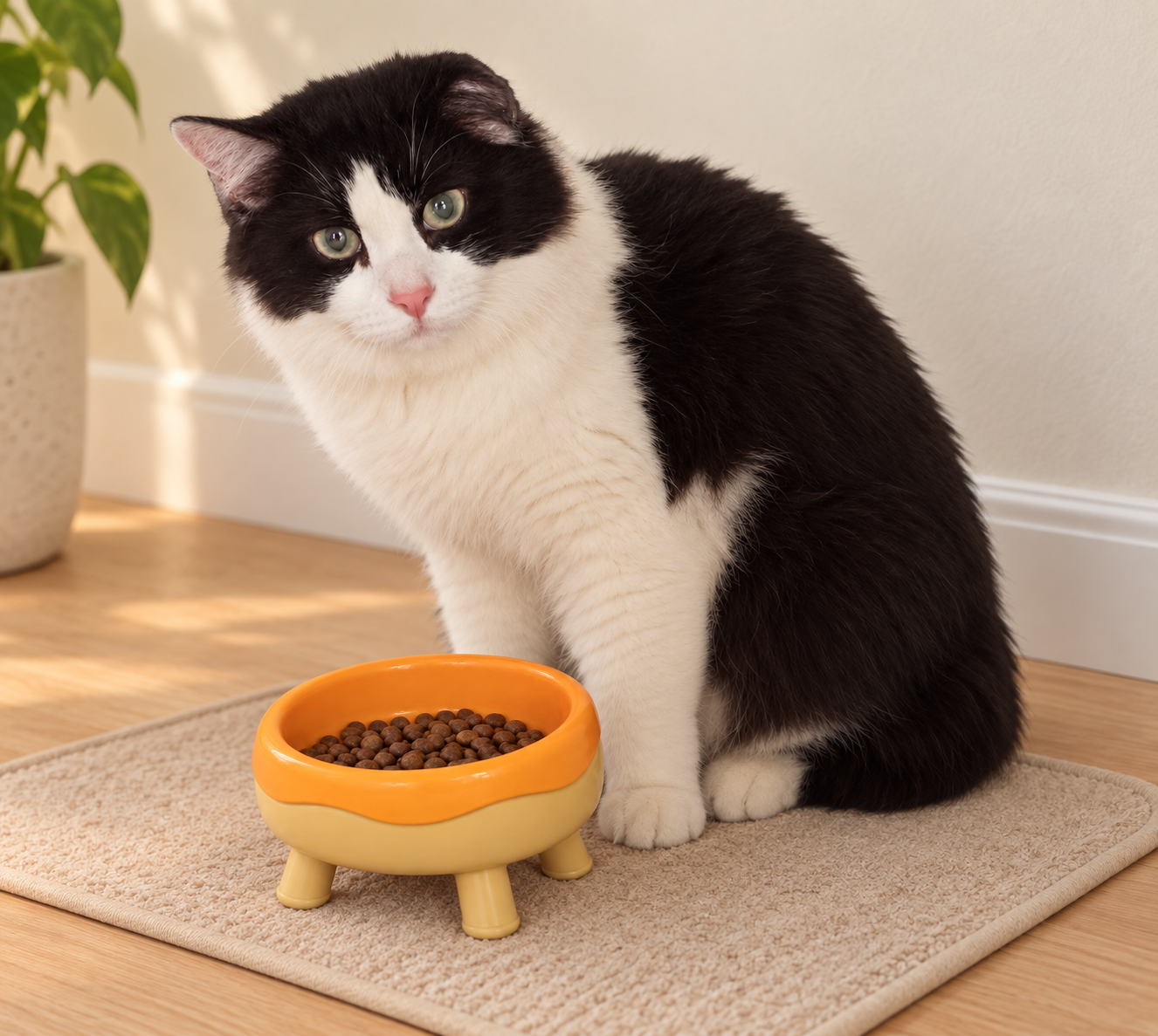 Illustration of Hershe sitting beside his yellow food bowl on a cream mat.