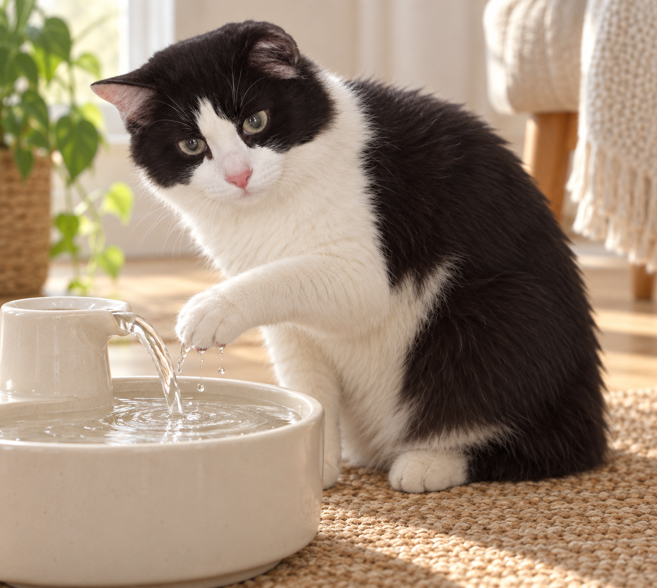 Illustration of Hershe reaching a paw towards running water in a cream drinking fountain.