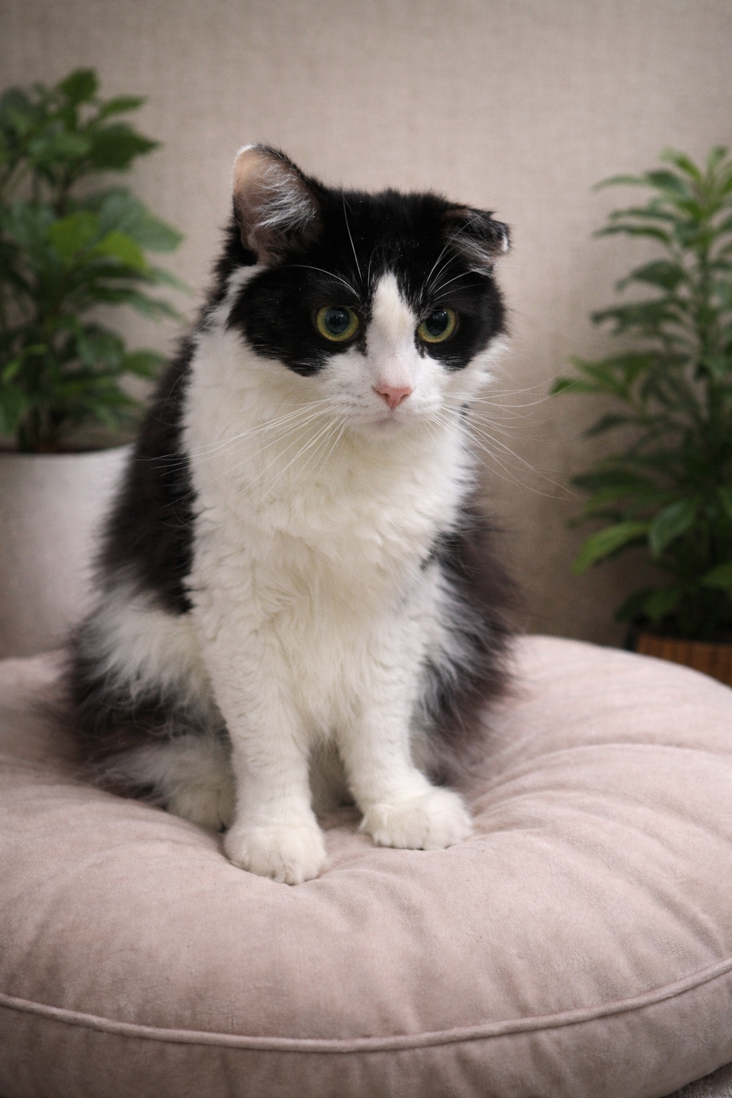 Illustration of Hershe sitting alert on a soft pink cushion, with his left ear folded down.
