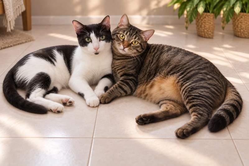 Illustration of black-and-white Romeo reclining closely beside tabby Tami on a sunlit tiled floor.