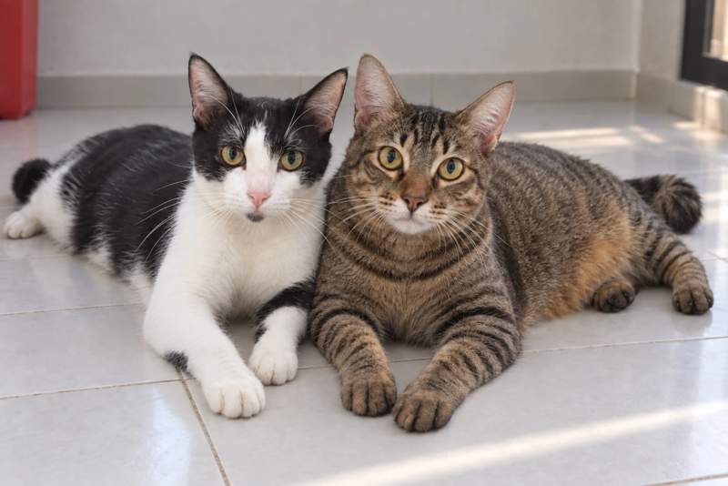 Illustration of Romeo and tabby Rockie lying side by side, with their faces and front paws towards the camera.